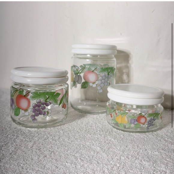 Vintage 80s KIG Indonesia Glass Fruit Flower Canister Set (3) - Picture 2 of 12